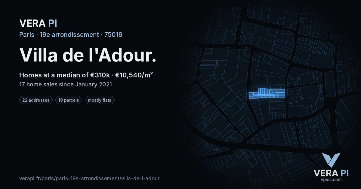 Villa de l'Adour, 19e arrondissement at night – every parcel coloured by the prices around it, the street's own parcels lit
