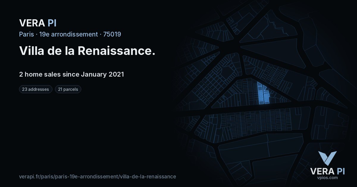 Villa de la Renaissance, 19e arrondissement at night – every parcel coloured by the prices around it, the street's own parcels lit