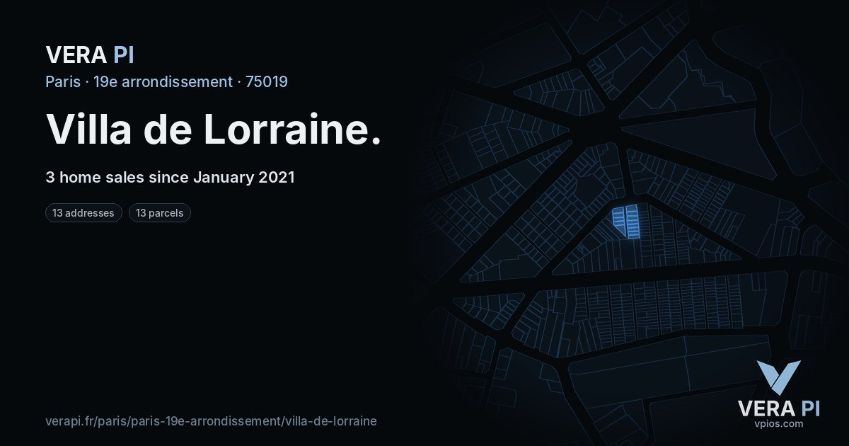 Villa de Lorraine, 19e arrondissement at night – every parcel coloured by the prices around it, the street's own parcels lit