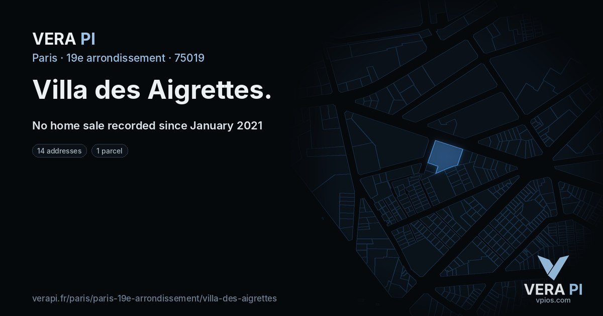 Villa des Aigrettes, 19e arrondissement at night – every parcel coloured by the prices around it, the street's own parcels lit