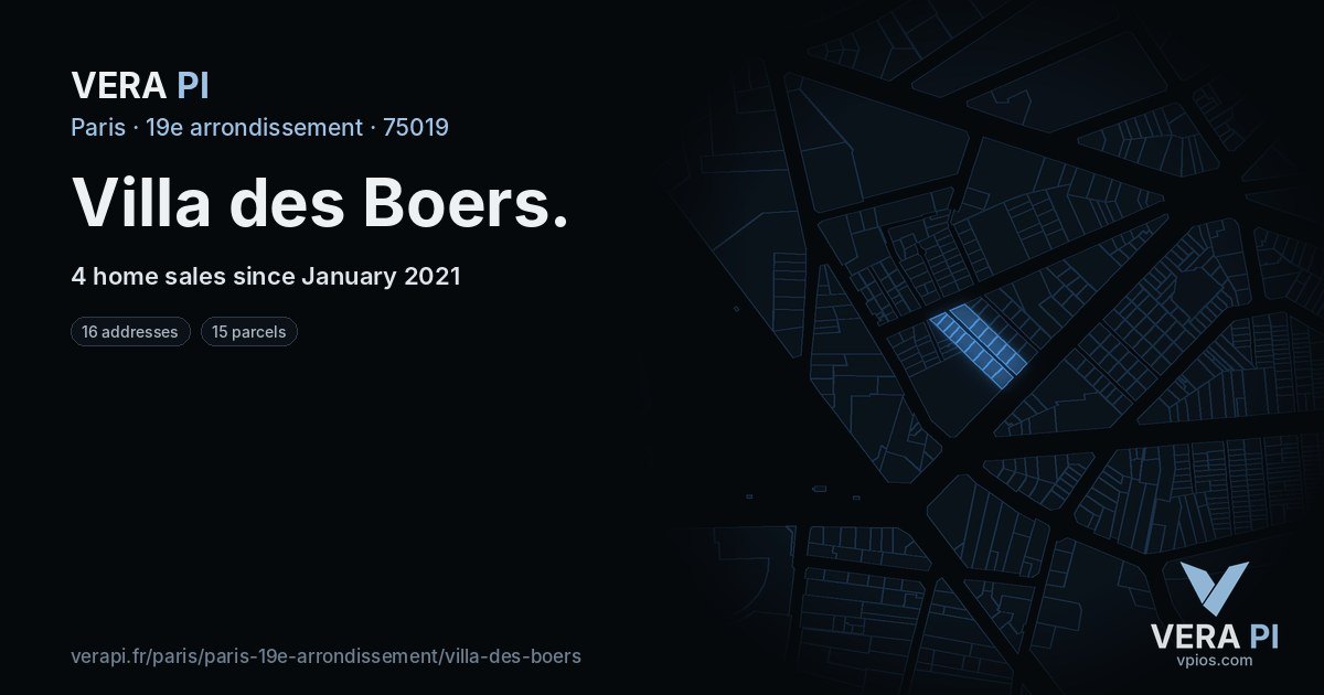 Villa des Boers, 19e arrondissement at night – every parcel coloured by the prices around it, the street's own parcels lit