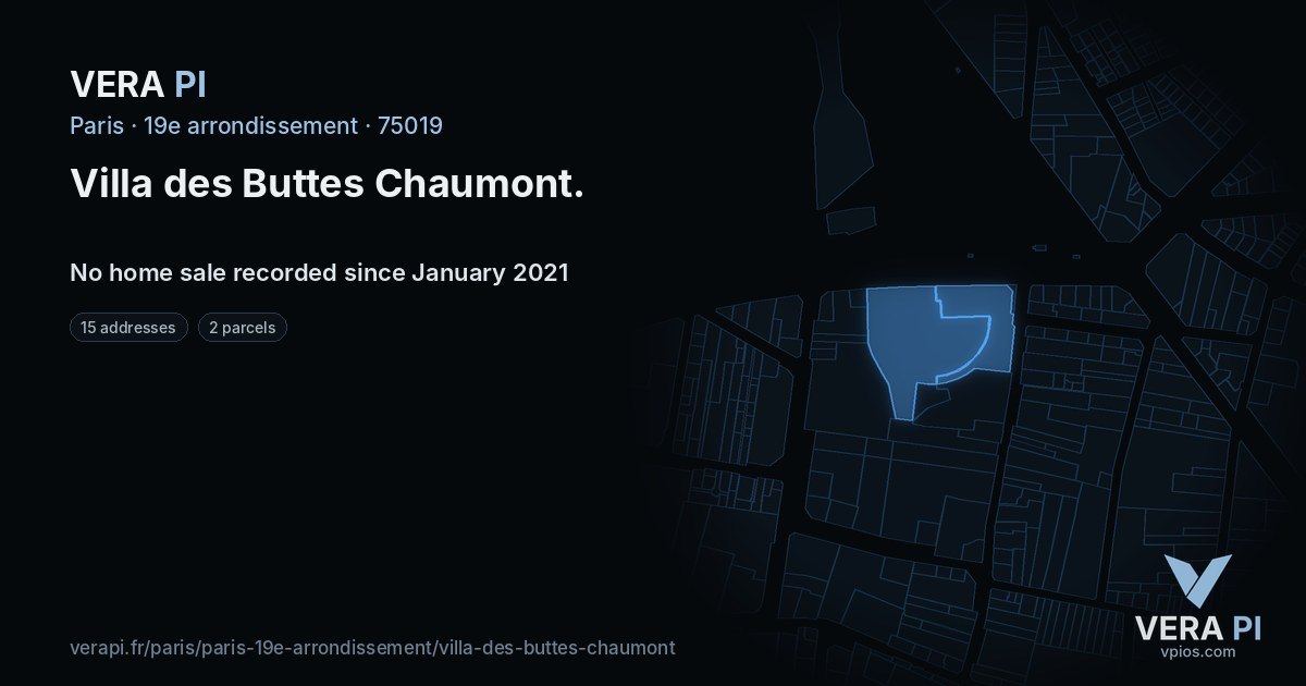 Villa des Buttes Chaumont, 19e arrondissement at night – every parcel coloured by the prices around it, the street's own parcels lit