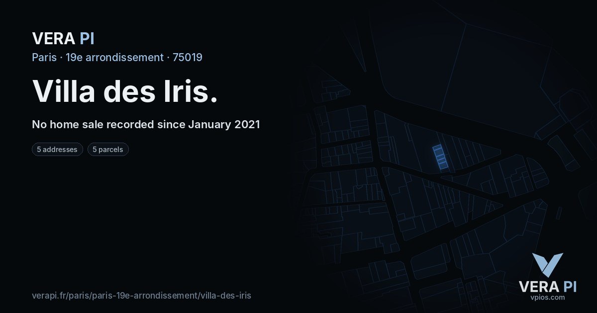 Villa des Iris, 19e arrondissement at night – every parcel coloured by the prices around it, the street's own parcels lit