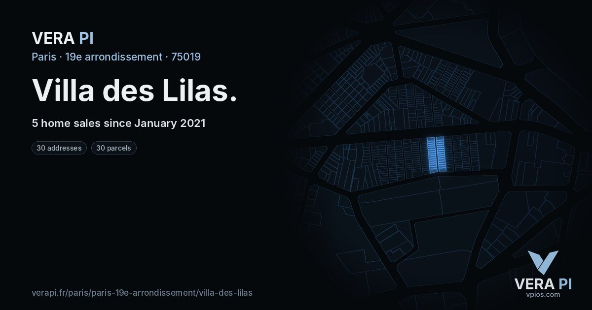 Villa des Lilas, 19e arrondissement at night – every parcel coloured by the prices around it, the street's own parcels lit