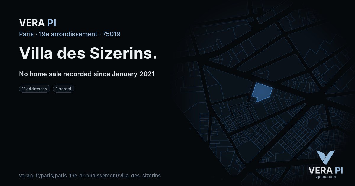 Villa des Sizerins, 19e arrondissement at night – every parcel coloured by the prices around it, the street's own parcels lit