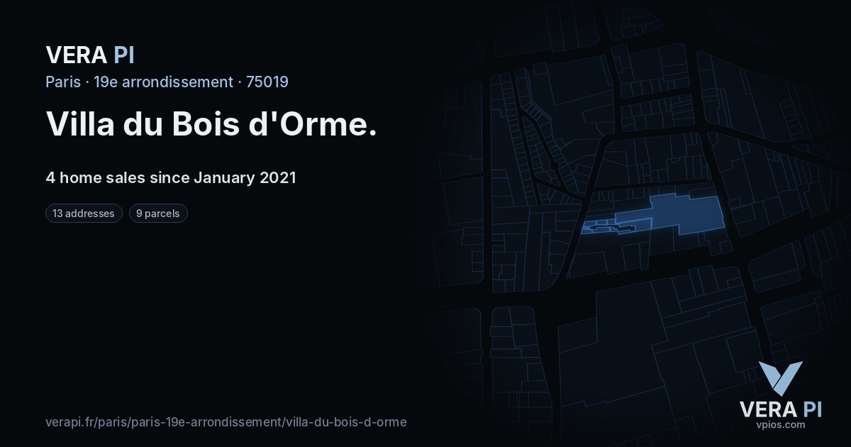 Villa du Bois d'Orme, 19e arrondissement at night – every parcel coloured by the prices around it, the street's own parcels lit