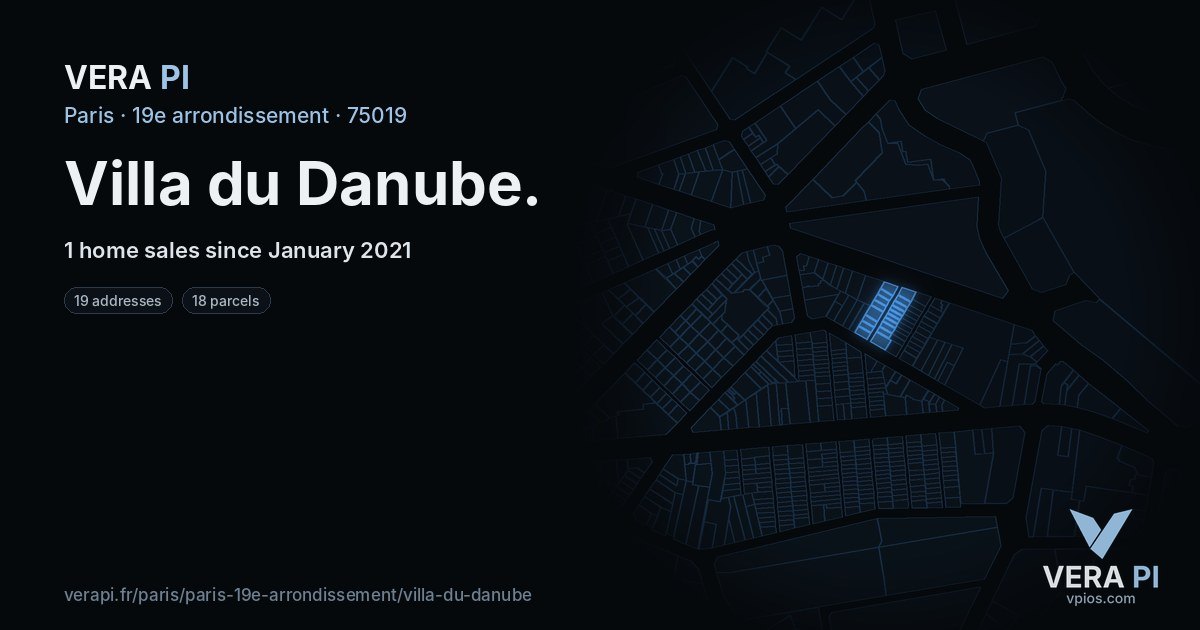 Villa du Danube, 19e arrondissement at night – every parcel coloured by the prices around it, the street's own parcels lit