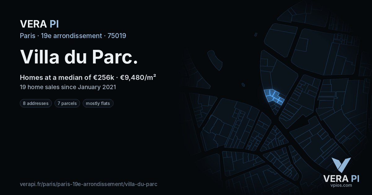 Villa du Parc, 19e arrondissement at night – every parcel coloured by the prices around it, the street's own parcels lit