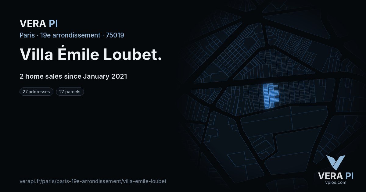 Villa Émile Loubet, 19e arrondissement at night – every parcel coloured by the prices around it, the street's own parcels lit