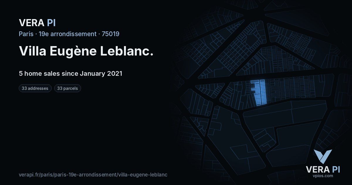 Villa Eugène Leblanc, 19e arrondissement at night – every parcel coloured by the prices around it, the street's own parcels lit