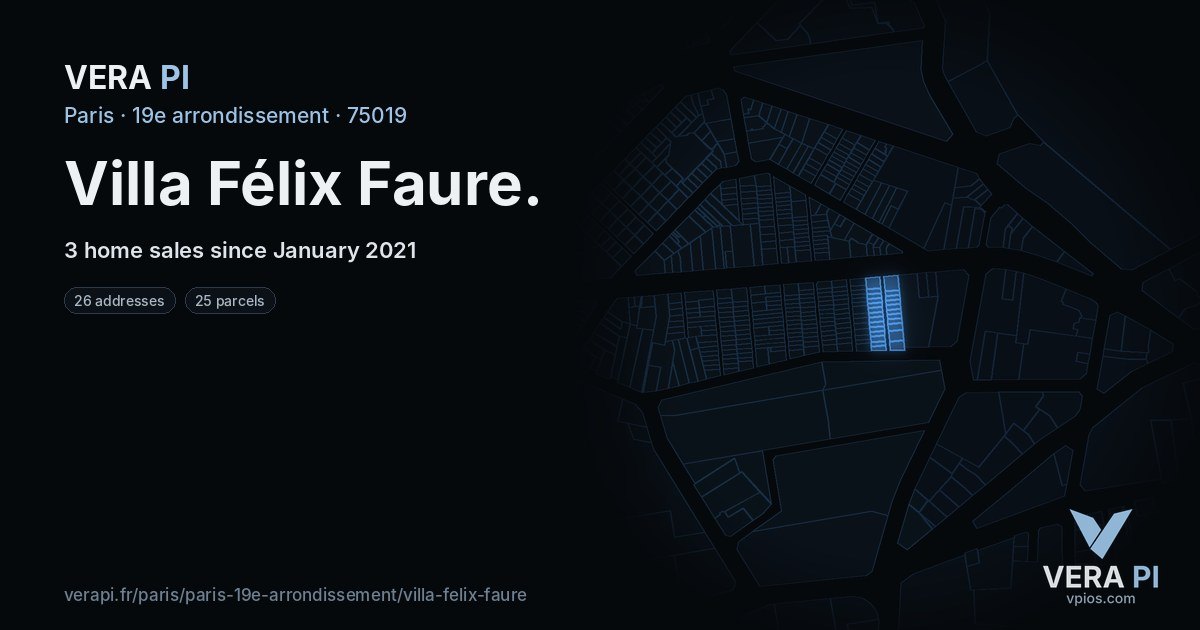 Villa Félix Faure, 19e arrondissement at night – every parcel coloured by the prices around it, the street's own parcels lit