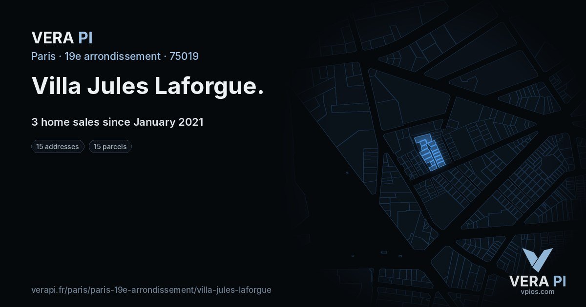 Villa Jules Laforgue, 19e arrondissement at night – every parcel coloured by the prices around it, the street's own parcels lit