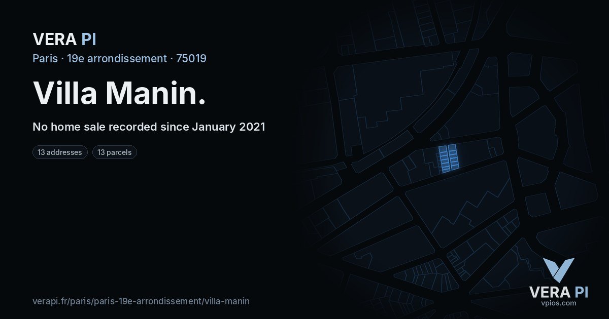 Villa Manin, 19e arrondissement at night – every parcel coloured by the prices around it, the street's own parcels lit