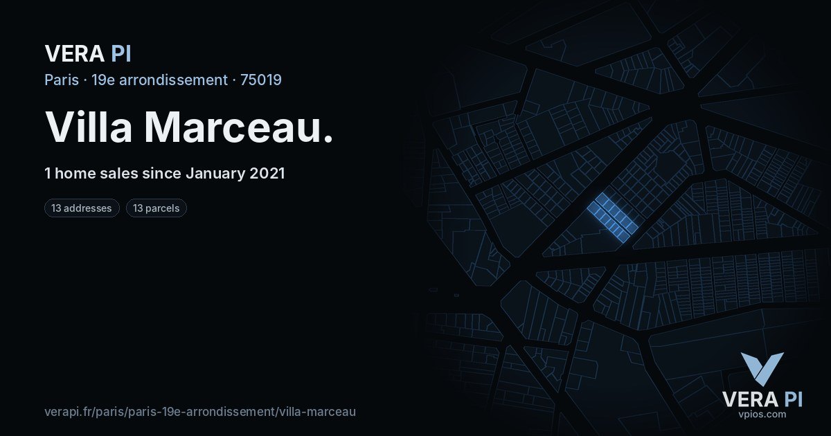 Villa Marceau, 19e arrondissement at night – every parcel coloured by the prices around it, the street's own parcels lit