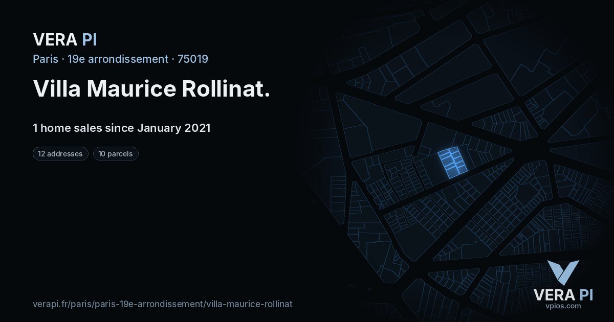 Villa Maurice Rollinat, 19e arrondissement at night – every parcel coloured by the prices around it, the street's own parcels lit
