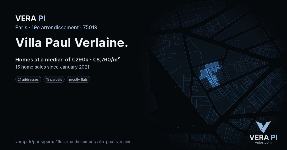 Villa Paul Verlaine, 19e arrondissement at night – every parcel coloured by the prices around it, the street's own parcels lit