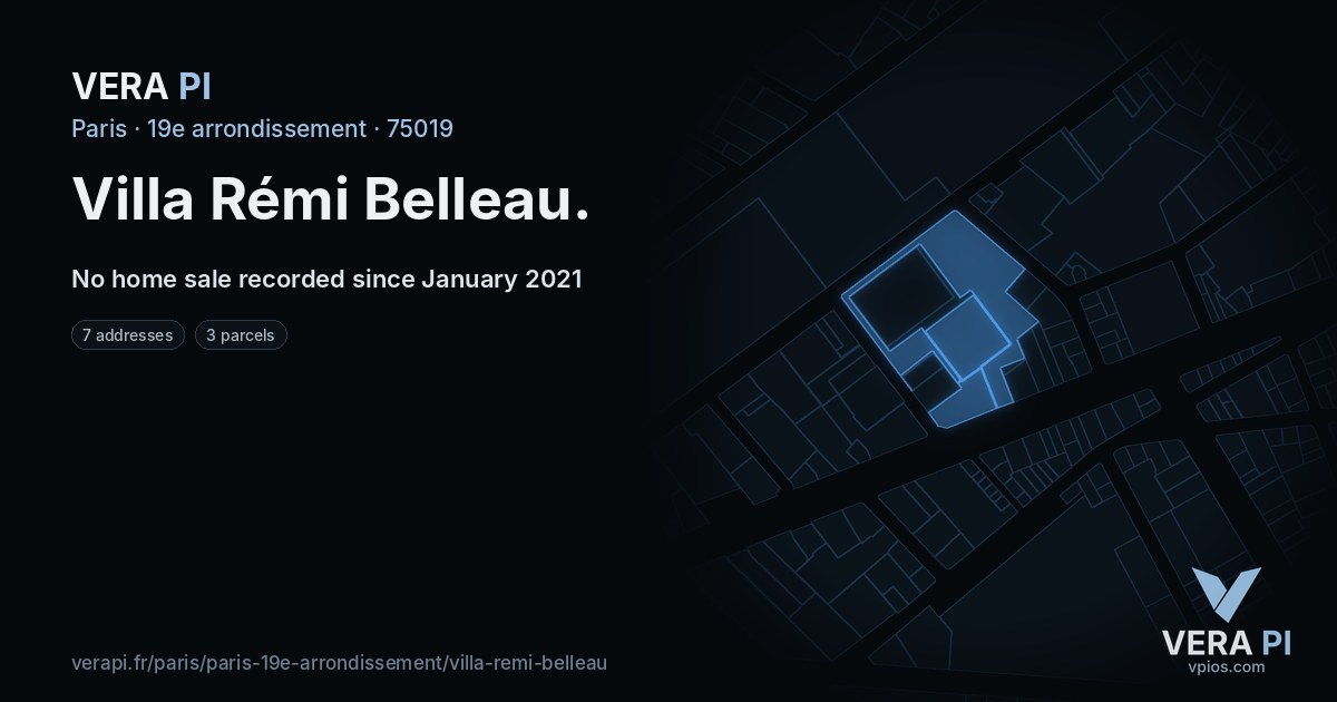 Villa Rémi Belleau, 19e arrondissement at night – every parcel coloured by the prices around it, the street's own parcels lit