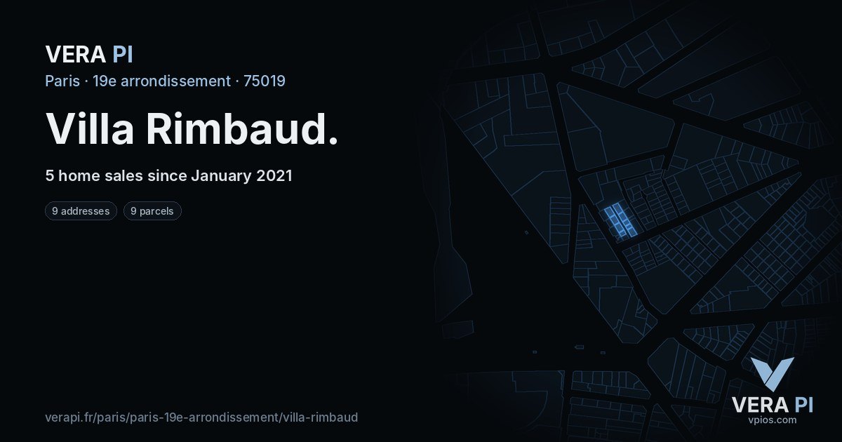 Villa Rimbaud, 19e arrondissement at night – every parcel coloured by the prices around it, the street's own parcels lit