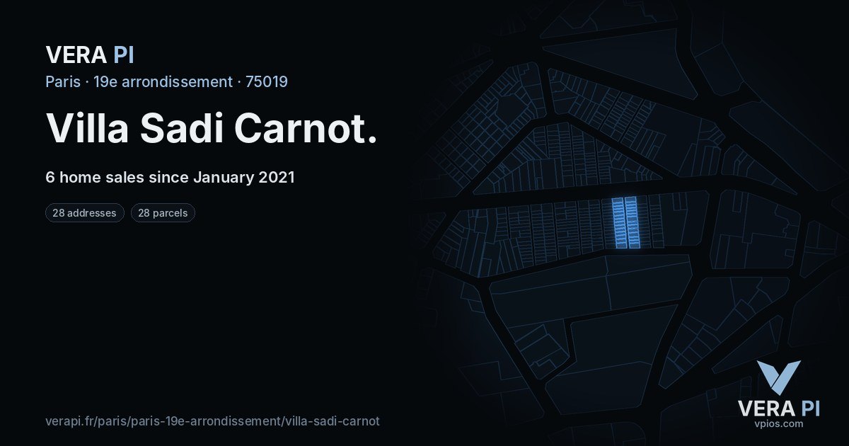 Villa Sadi Carnot, 19e arrondissement at night – every parcel coloured by the prices around it, the street's own parcels lit