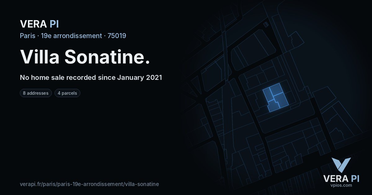 Villa Sonatine, 19e arrondissement at night – every parcel coloured by the prices around it, the street's own parcels lit
