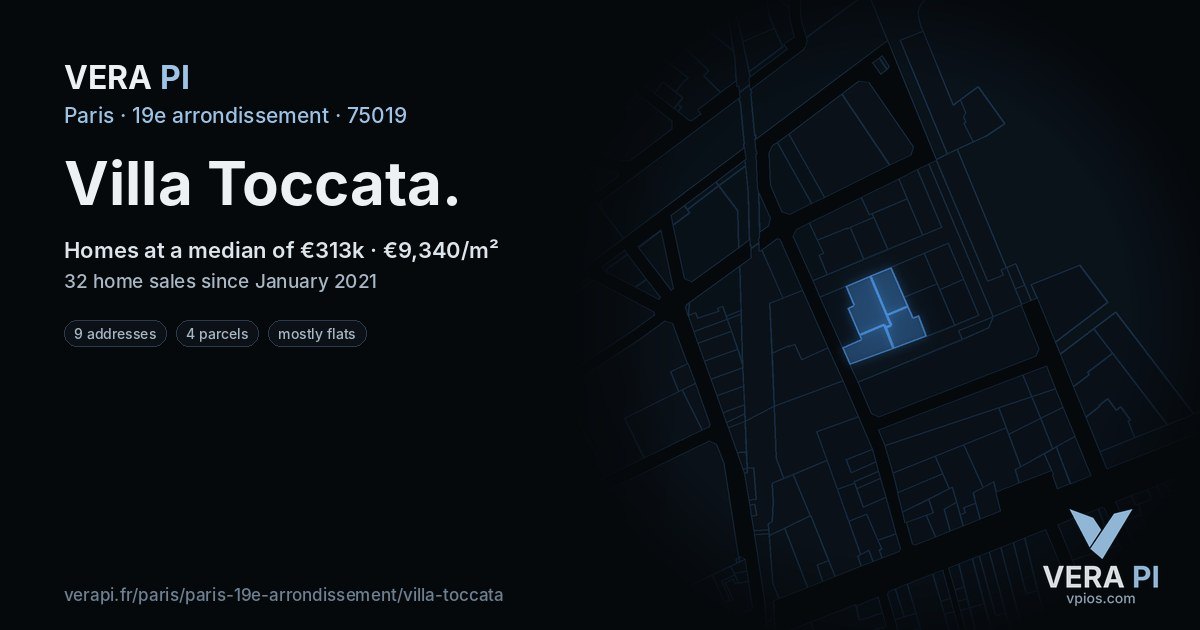 Villa Toccata, 19e arrondissement at night – every parcel coloured by the prices around it, the street's own parcels lit