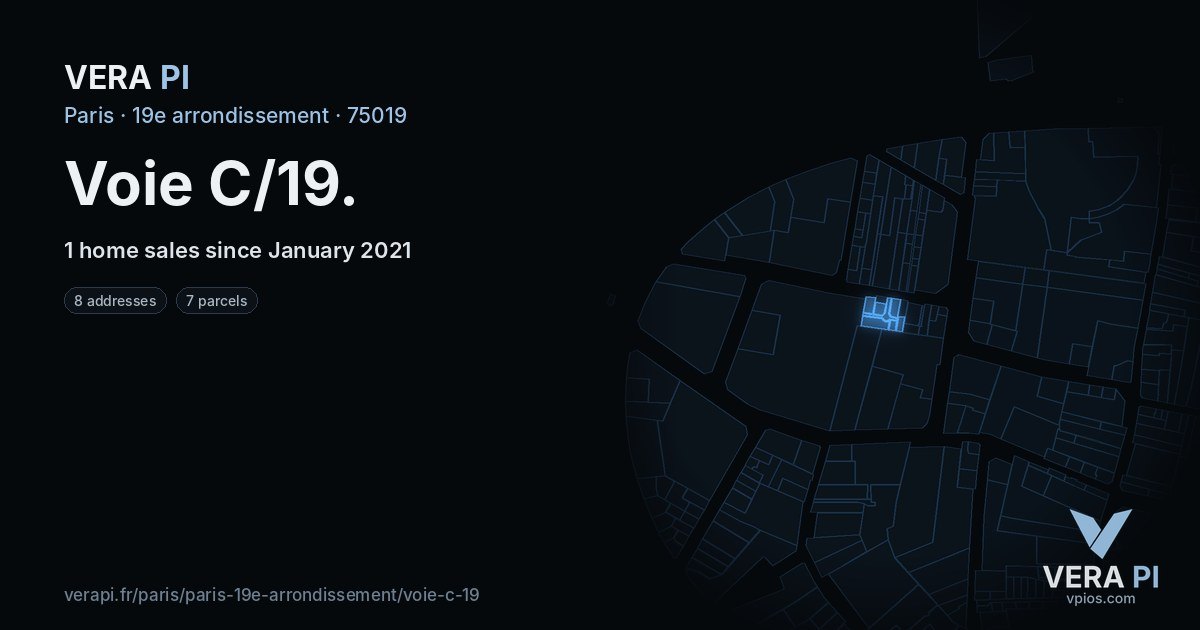 Voie C/19, 19e arrondissement at night – every parcel coloured by the prices around it, the street's own parcels lit