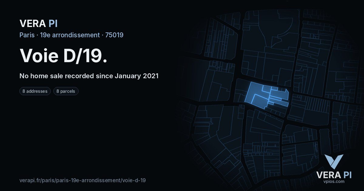 Voie D/19, 19e arrondissement at night – every parcel coloured by the prices around it, the street's own parcels lit