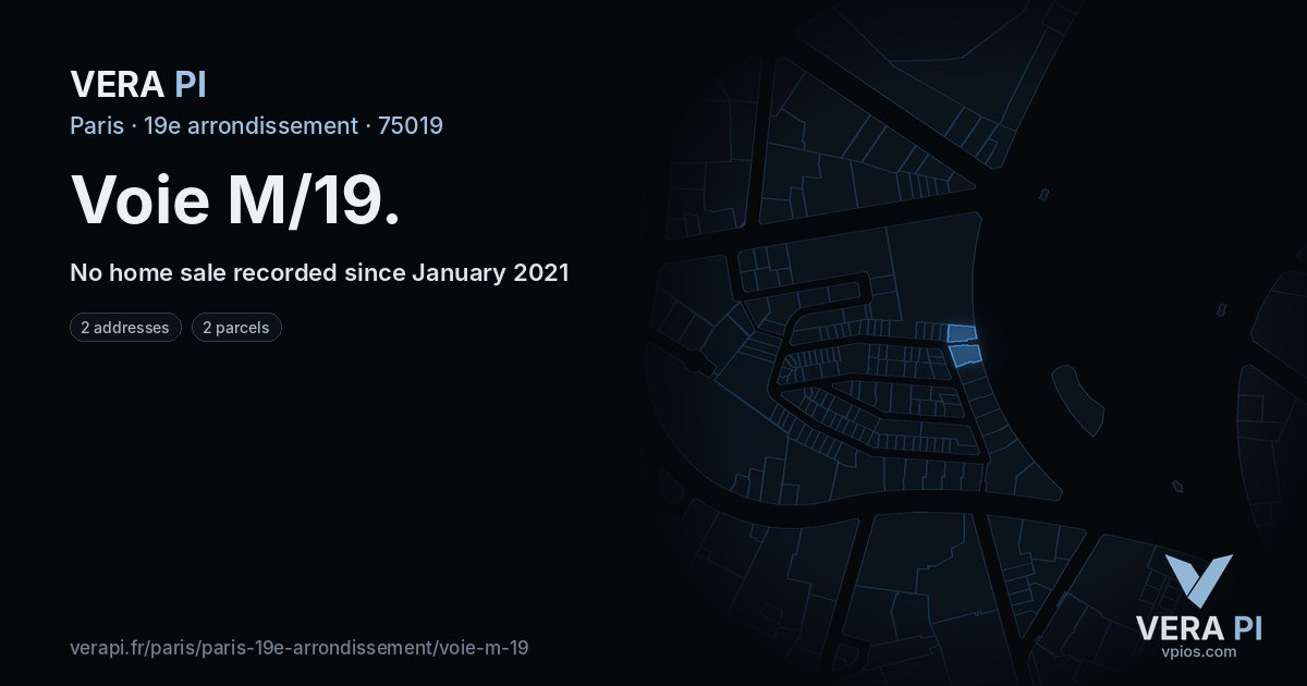 Voie M/19, 19e arrondissement at night – every parcel coloured by the prices around it, the street's own parcels lit