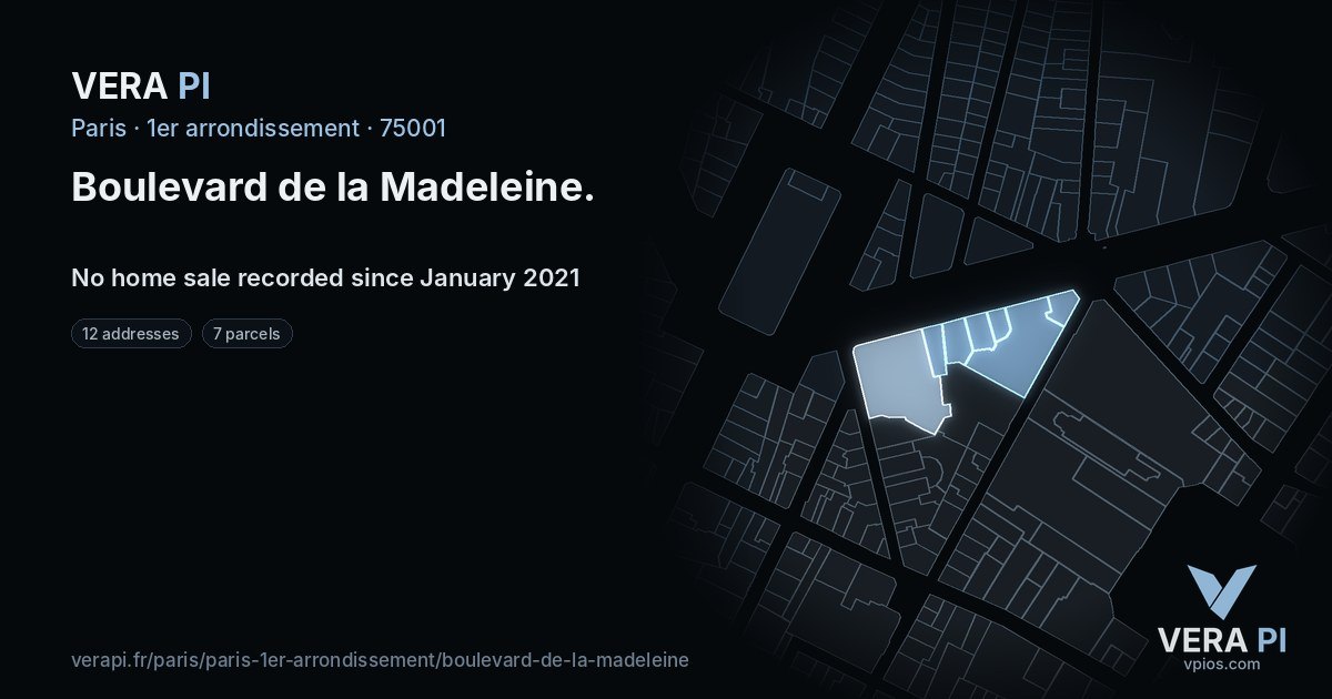 Boulevard de la Madeleine, 1er arrondissement at night – every parcel coloured by the prices around it, the street's own parcels lit