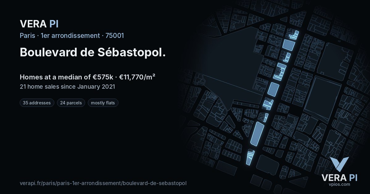 Boulevard de Sébastopol, 1er arrondissement at night – every parcel coloured by the prices around it, the street's own parcels lit