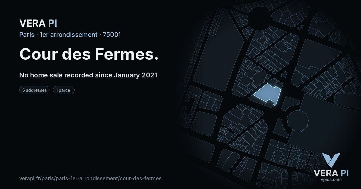 Cour des Fermes, 1er arrondissement at night – every parcel coloured by the prices around it, the street's own parcels lit