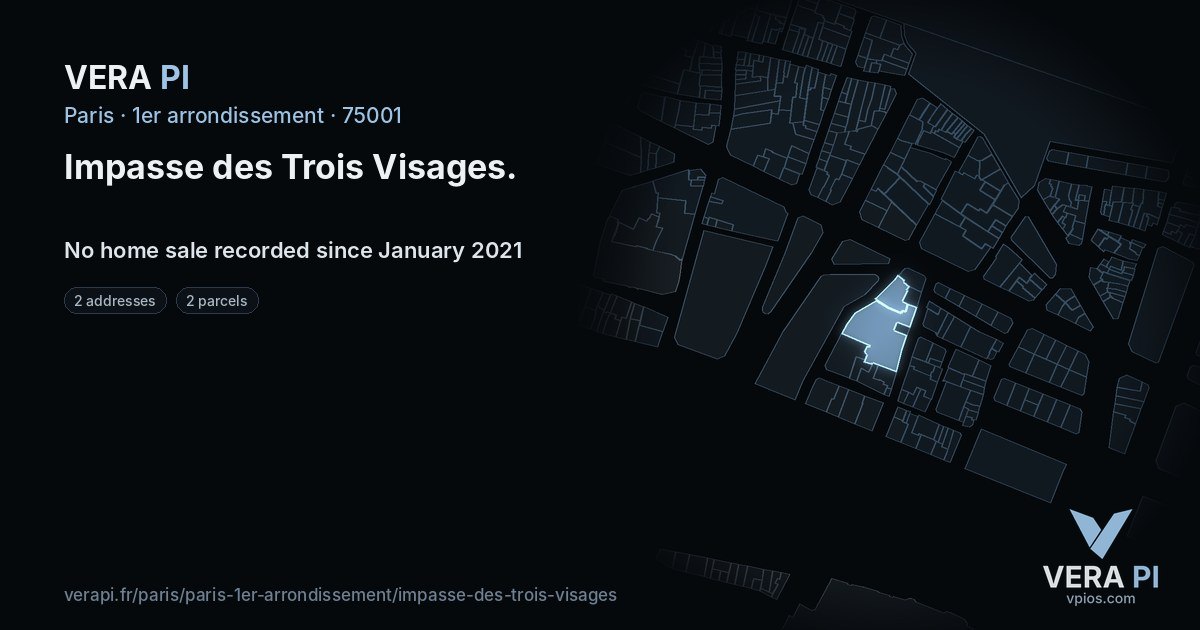 Impasse des Trois Visages, 1er arrondissement at night – every parcel coloured by the prices around it, the street's own parcels lit