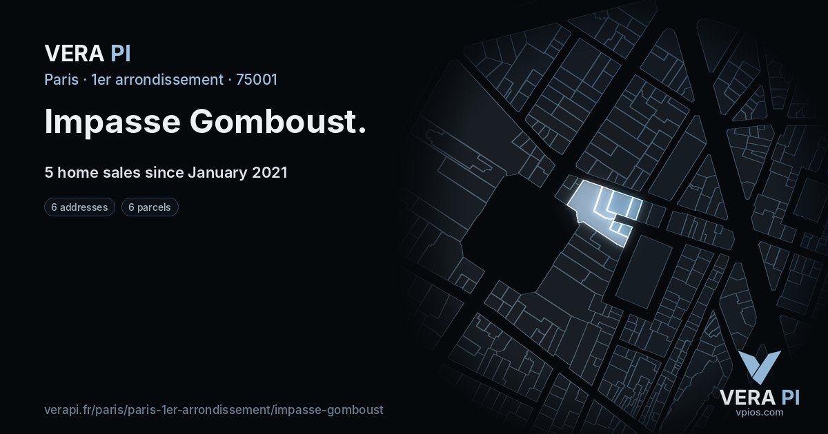 Impasse Gomboust, 1er arrondissement at night – every parcel coloured by the prices around it, the street's own parcels lit