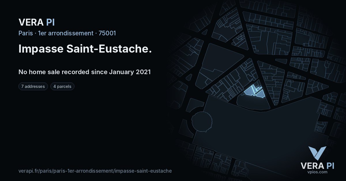 Impasse Saint-Eustache, 1er arrondissement at night – every parcel coloured by the prices around it, the street's own parcels lit