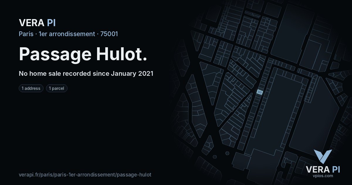 Passage Hulot, 1er arrondissement at night – every parcel coloured by the prices around it, the street's own parcels lit