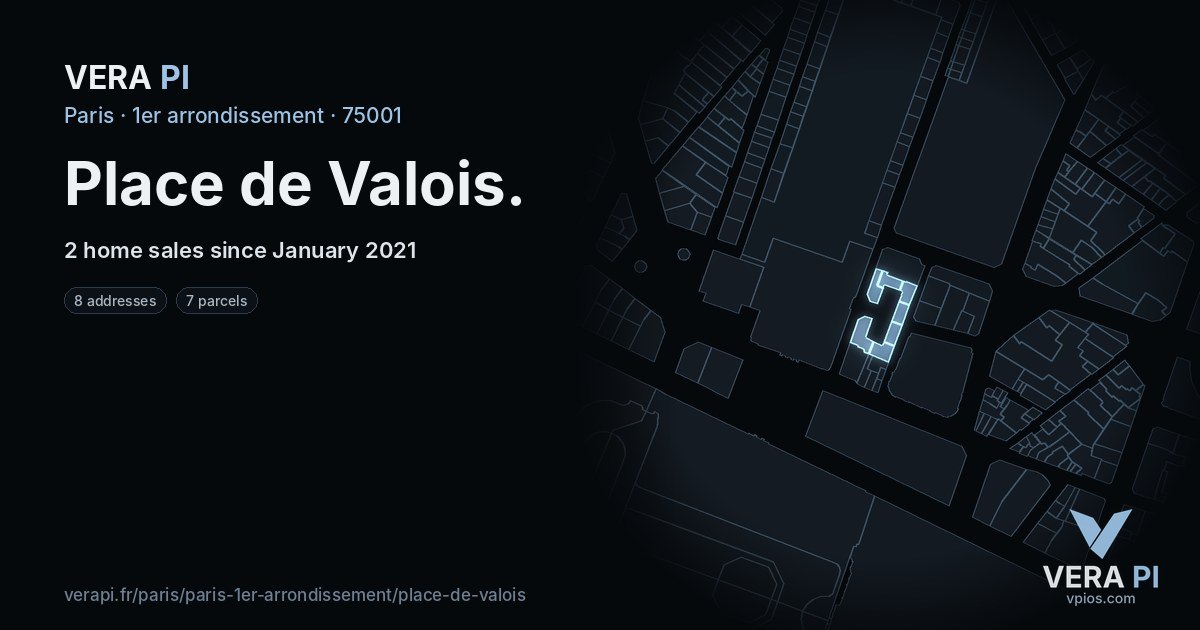 Place de Valois, 1er arrondissement at night – every parcel coloured by the prices around it, the street's own parcels lit
