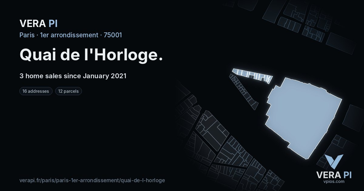 Quai de l'Horloge, 1er arrondissement at night – every parcel coloured by the prices around it, the street's own parcels lit