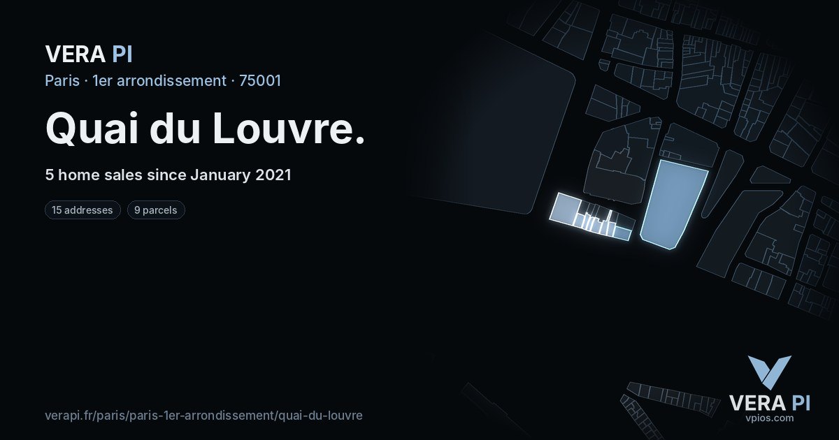 Quai du Louvre, 1er arrondissement at night – every parcel coloured by the prices around it, the street's own parcels lit