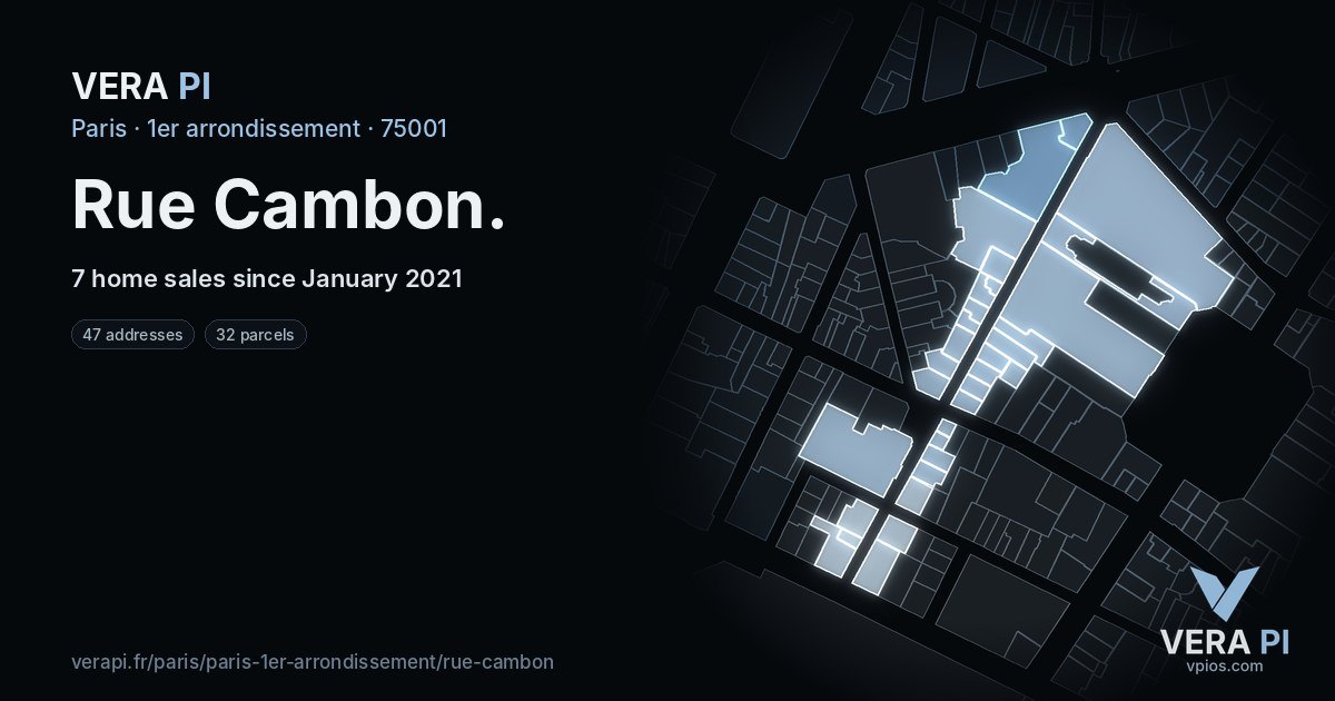 Rue Cambon, 1er arrondissement at night – every parcel coloured by the prices around it, the street's own parcels lit