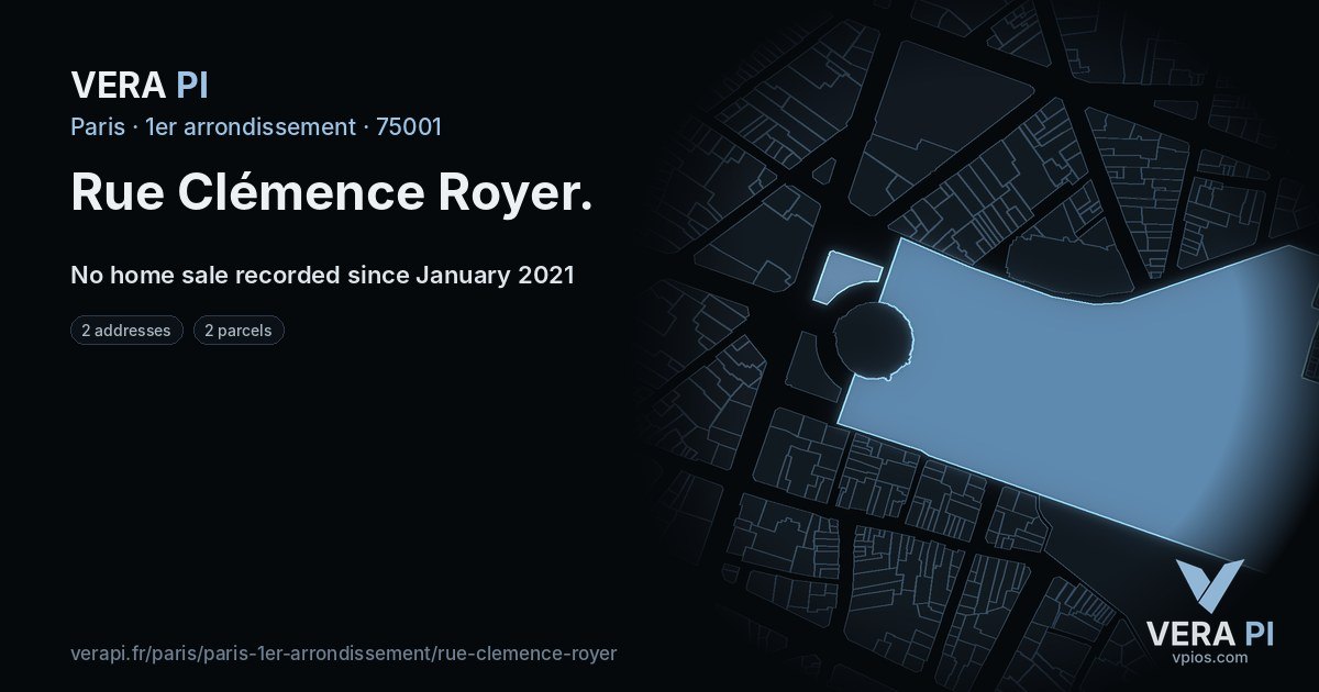 Rue Clémence Royer, 1er arrondissement at night – every parcel coloured by the prices around it, the street's own parcels lit