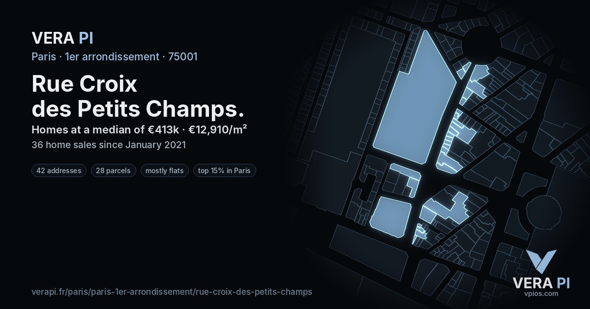 Rue Croix des Petits Champs, 1er arrondissement at night – every parcel coloured by the prices around it, the street's own parcels lit