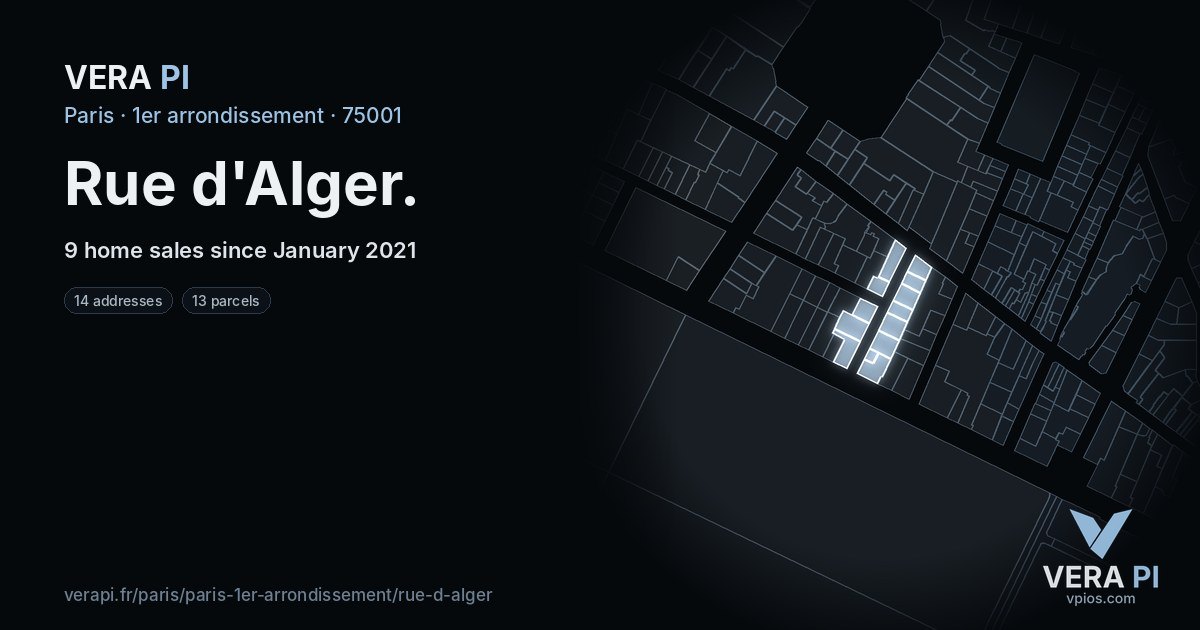 Rue d'Alger, 1er arrondissement at night – every parcel coloured by the prices around it, the street's own parcels lit