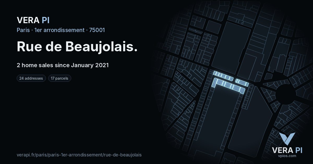Rue de Beaujolais, 1er arrondissement at night – every parcel coloured by the prices around it, the street's own parcels lit