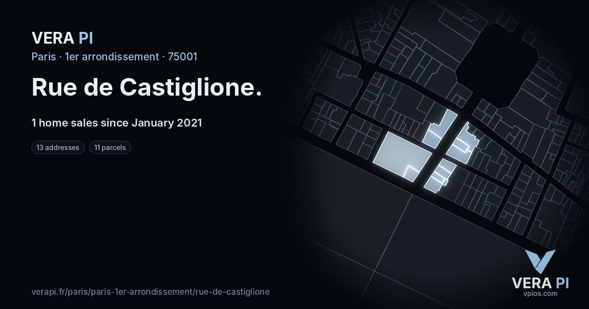 Rue de Castiglione, 1er arrondissement at night – every parcel coloured by the prices around it, the street's own parcels lit