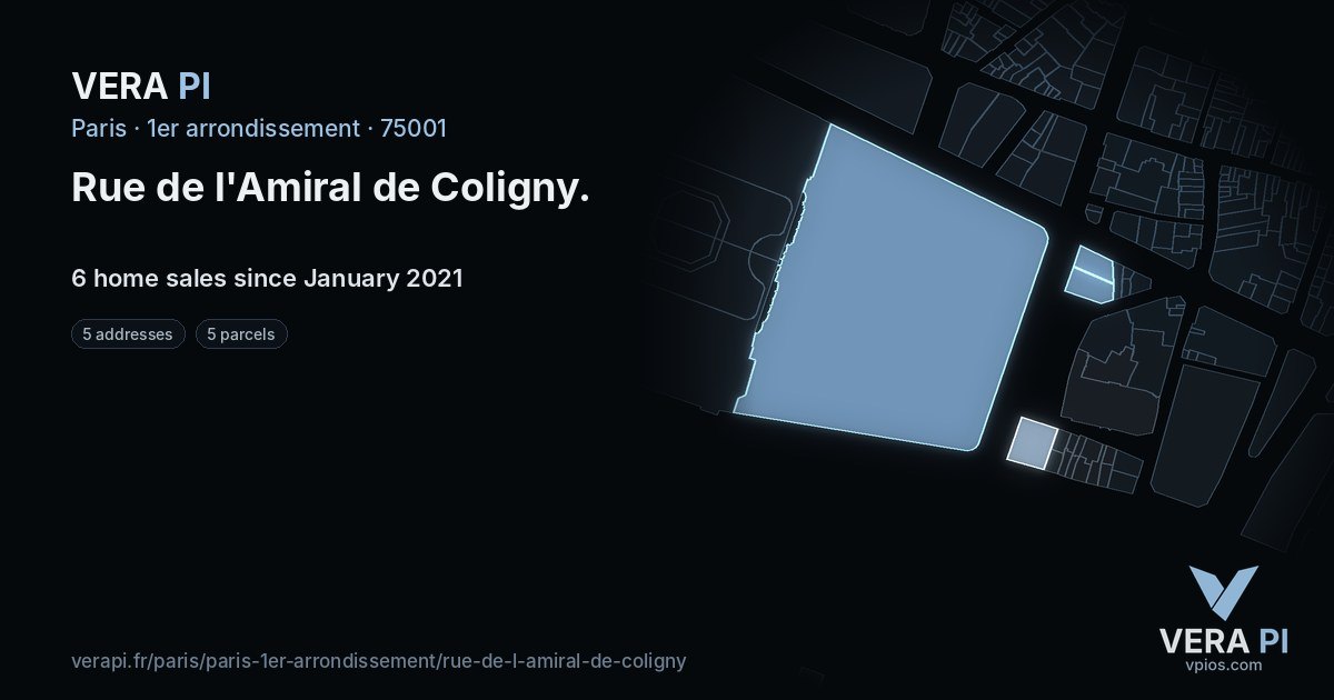 Rue de l'Amiral de Coligny, 1er arrondissement at night – every parcel coloured by the prices around it, the street's own parcels lit