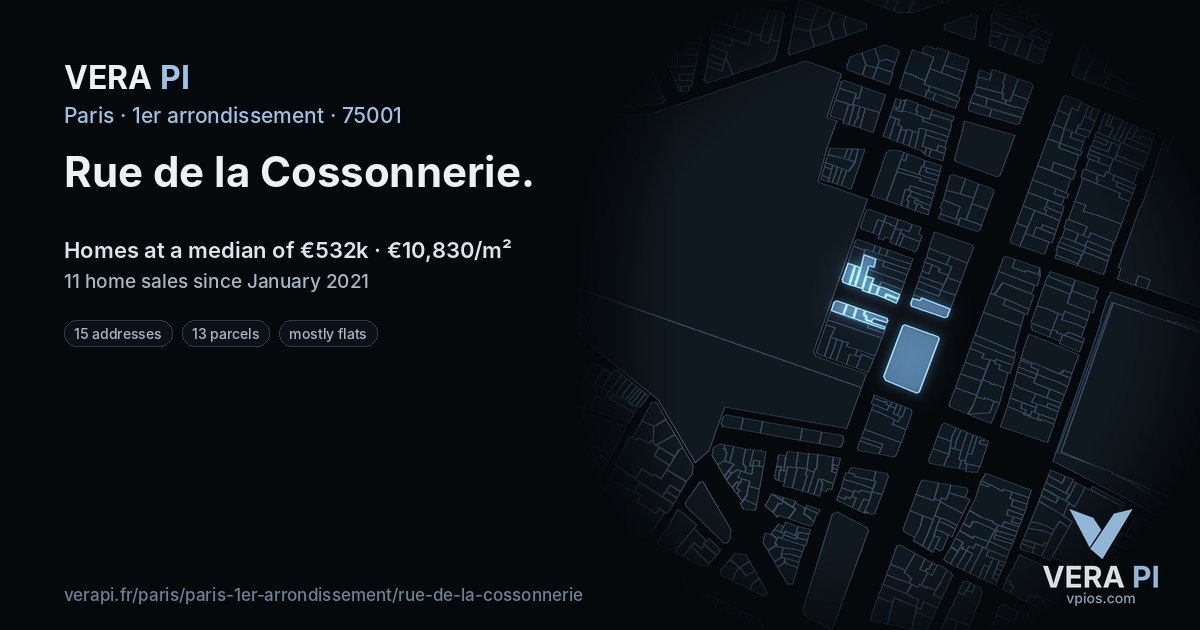 Rue de la Cossonnerie, 1er arrondissement at night – every parcel coloured by the prices around it, the street's own parcels lit