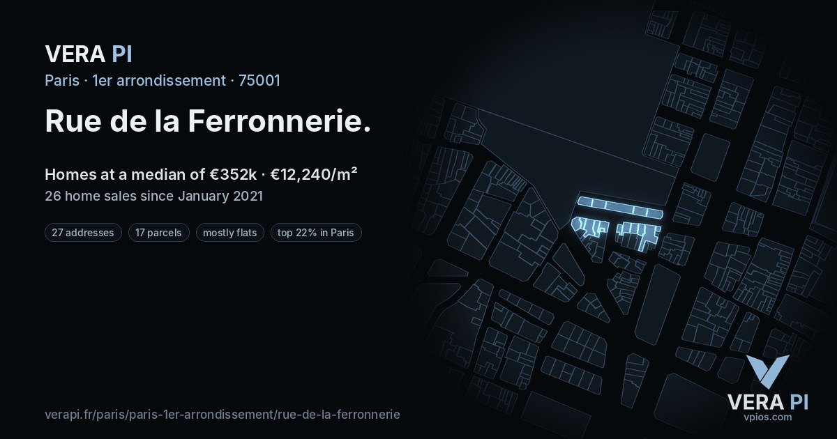 Rue de la Ferronnerie, 1er arrondissement at night – every parcel coloured by the prices around it, the street's own parcels lit