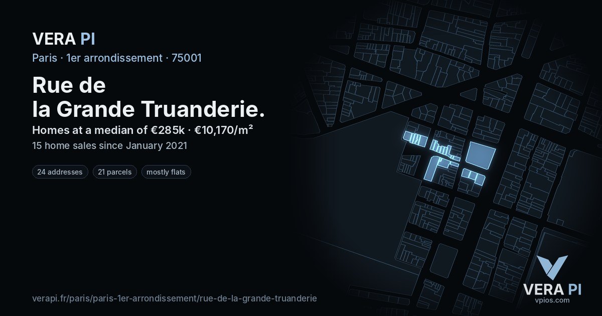 Rue de la Grande Truanderie, 1er arrondissement at night – every parcel coloured by the prices around it, the street's own parcels lit