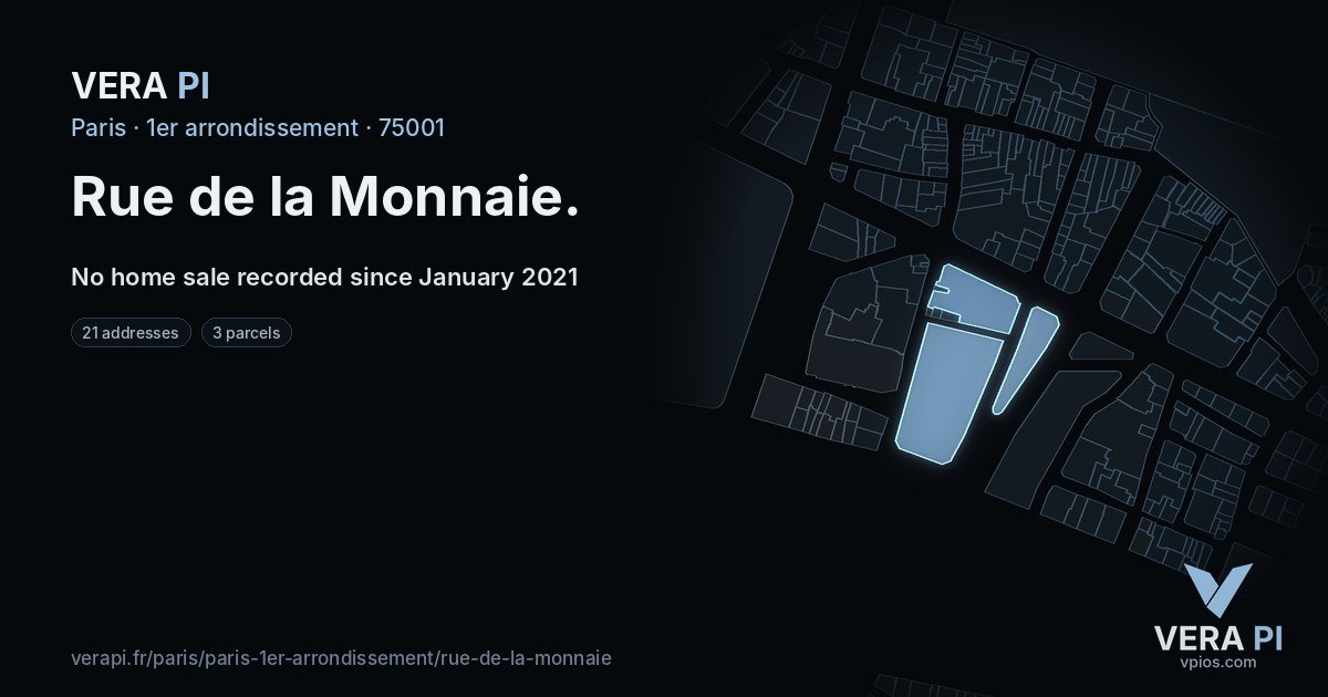 Rue de la Monnaie, 1er arrondissement at night – every parcel coloured by the prices around it, the street's own parcels lit