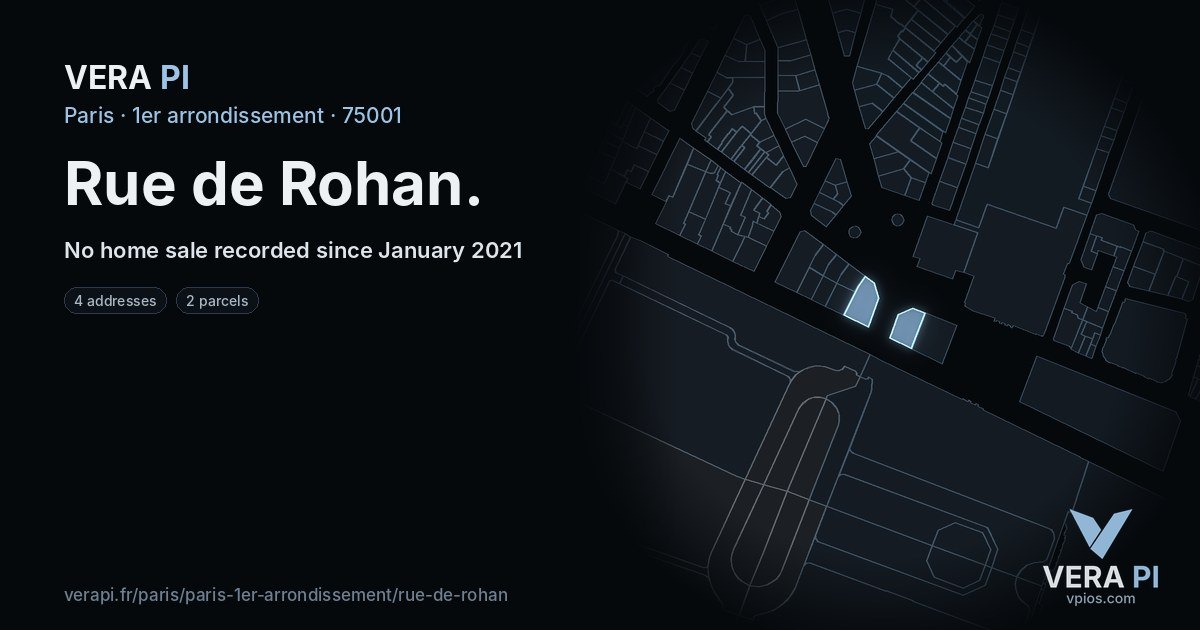 Rue de Rohan, 1er arrondissement at night – every parcel coloured by the prices around it, the street's own parcels lit
